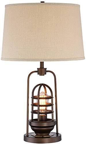 Hobie Industrial Table Lamp With Nightlight LED Edison Bulb Rust Bronze Cage Drum Shade For Living Room Family Franklin Iron Works 0 0