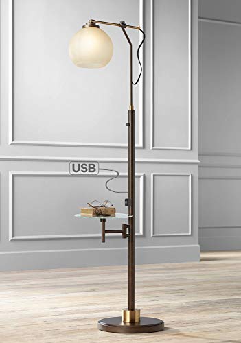 Jobe Modern Industrial Floor Lamp With Table Glass Usb Charging Port Oiled Bronze Tea Glass Shade For Living Room Farmhouse Goals