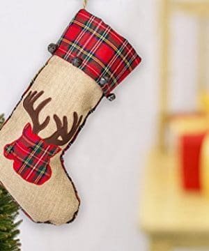 19 Inch Red Burlap Reindeer Head Applique Plush Fabric Christmas Stocking With Plaid Cuff Farmhouse Goals