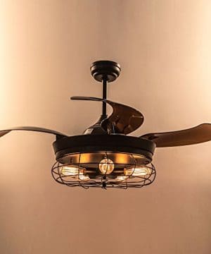 Ceiling Fans With Lights 46 Inch Ceiling Fan With Remote Vintage Cage Chandelier Fans With Retractable Blades 5 Edison Bulbs Not Included Black