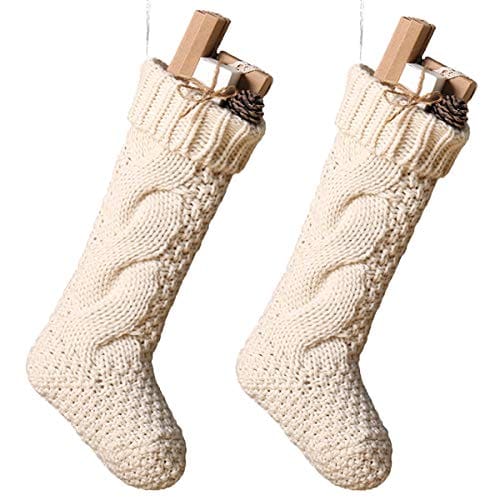 Toes Home 18 Inch Knitted Christmas Stockings Pack 2 Xmas Gift Bags Cream 0
