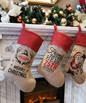 WEWILL 18 Burlap Christmas Stockings Set Of 3 Vintage Printed Santa Claus Snowman Gather Xmas Stocking Gift Home Holiday Decoration 0 300x360