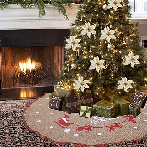 Amajoy Merry Christmas Tree Skirt White Snowflake Burlap Tree Skirt for Xmas Decor Festive Holiday Decoration 30 Inch in Diameter