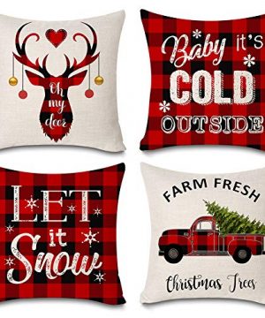 Faromily Christmas Decorations Pillow Covers Christmas Buffalo Plaid Farmhouse Decor Set Of 4 Throw Pillow Cases Retro Truck Cushion Cover 18 X 18 Inch Xmas Decoration 0 300x360