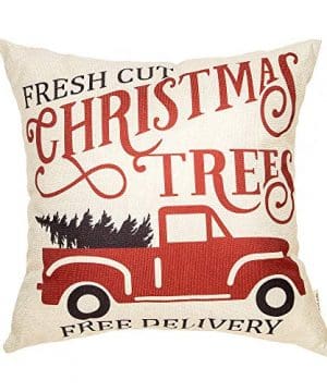 Fjfz Rustic Winter Decoration Fresh Cut Christmas Trees Vintage Red Truck Retro Farmhouse Decor Cotton Linen Home Decorative Throw Pillow Case Cushion Cover For Sofa Couch 18 X 18 0 300x360