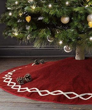 Cotton Red Burlap w/ White Lace Christmas Tree Skirt with Buttons 50" 