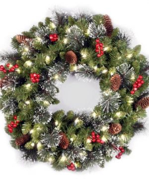 National Tree 24 Inch Crestwood Spruce Wreath With Silver Bristles Cones Red Berries And 50 Clear Lights CW7 306 24W 1 0 300x360