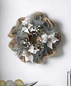 QL DESIGN 20 Inch LED Warm Light Holly And Poinsettia Flowers Christmas Wreath Hand Made Burlap With Timernot Including Batteries 0 2 300x360