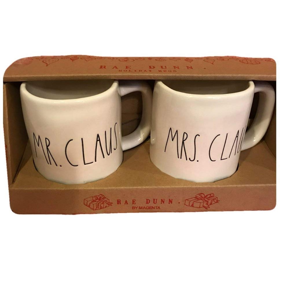 Rae Dunn Large Letter Ceramic Christmas Mr. and Mrs. Claus Coffee Mugs Set of 2
