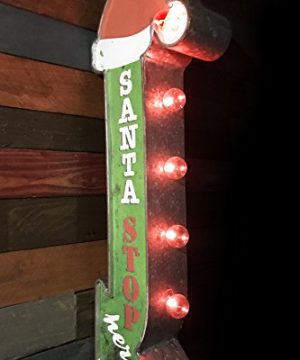 Santa Stop Here Christmas Holiday Decorative Sign Double Sided Metal Marquee Sign In Shape Of An Arrow With Large Red LED Light Bulbs 0 1 300x360
