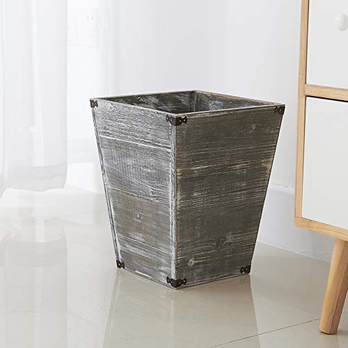 Wastebaskets Gray Farmhouse Style Torched Wood Square Bin With Decorative Metal 