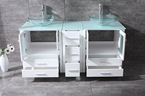 Walcut 60inch White Bathroom Vanity And Sink Combo Solid Mdf Cabinet With Clear Double Glass Vessel Sink And Faucet Farmhouse Goals