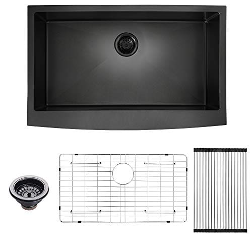 33 Inch 16 Gauge Gunmetal Black Apron Kitchen Sink With Nano Surface ALWEN Single Bowl Farmhouse Sink Stainless Steel 10 Inch Deep With Bottom Grid And Strainer 0 0