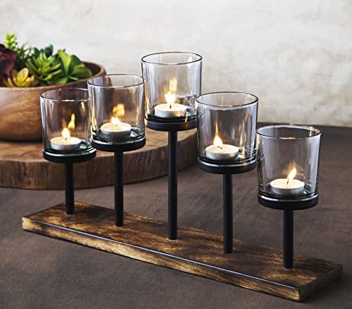 Elegant Decorative Votive Candle Holder Centerpiece 5 Glass Cups On Wood Base Tray For