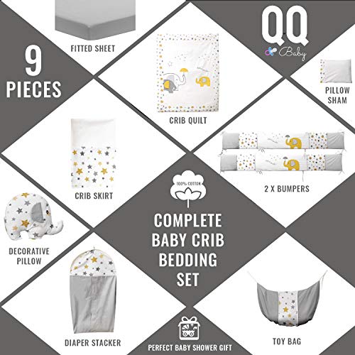 5 Piece Baby Crib Bedding Set 100 Turkish Cotton Nursery Sets For Boys Girls Elephant Design 4 Farmhouse Goals - Black White Yellow Crib Bedding 5 Piece Baby Crib Bedding Set 100 Turkish Cotton Nursery Sets For Boys Girls Elephant Design 4 Farmhouse Goals - Black White Yellow Crib Bedding