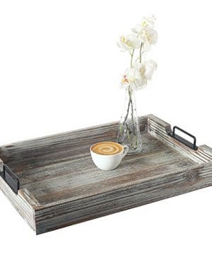 Distressed Torched Wood 20 Inch Serving Tray With Modern Black Metal Handles 0 300x360
