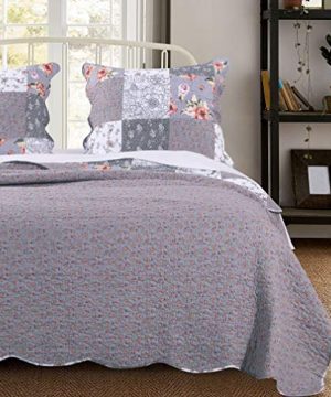 MISC 3 Piece Gray Patchwork Quilt King Size Set Farmhouse Theme Floral Plaid Square Checks Pattern Bedding Oversized And Reversible To Flowers Print 0 0 300x360