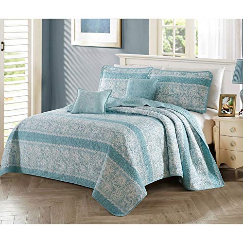 Oversized Teal Aqua Floral Bedding King Quilt Bed Set Geometric Pattern Farmhouse Theme Motif Flowers Floral 5 Piece Polyester 122x106 0 0