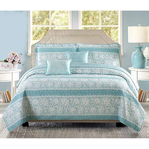 Oversized Teal Aqua Floral Bedding King Quilt Bed Set Geometric Pattern Farmhouse Theme Motif Flowers Floral 5 Piece Polyester 122x106 0