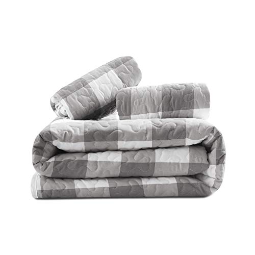 Wake In Cloud Gray Plaid Quilt Set Buffalo Check Gingham Geometric Checker Pattern Printed In Grey White Soft Microfiber Bedspread Coverlet Bedding 3pcs King Size 0 5