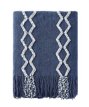 BOURINA Fluffy Chenille Knitted Fringe Throw Blanket Lightweight Soft Cozy For Bed Sofa Chair Throw Blankets 50 X 60 Navy 0 300x360