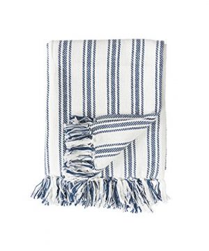 CF Home Ticking Stripe Cotton Throw Blanket Farmhouse Navy 50 X 60 Throw Navy 0 300x360