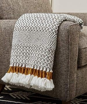 Rivet Modern Hand Woven Stripe Fringe Throw Blanket Soft And Stylish 50 X 60 Charcoal Grey And Mustard Yellow 0 300x360