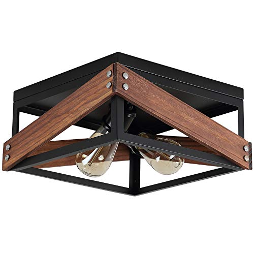 Rustic Industrial Flush Mount Light Fixture Two Light Metal And Wood Square Flush Mount Ceiling Light For Hallway Living Room Bedroom Kitchen Entryway Farmhouse Black 0 5