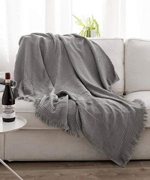 SIMPLEOPULENCE Natural Wrinkled Cotton Throw Blanket Knit Woven With Tassels Cozy Blanket Scarf Shawl Farmhouse Decoration Grey 0 300x360