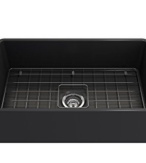 BOCCHI 1138 020 0120 Classico Apron Front Fireclay 30 In Single Bowl Kitchen Sink With Protective Bottom Grid And Strainer In Anthracite Dark Gray 0 2 300x333