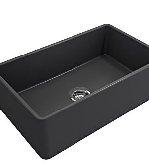 BOCCHI 1138 020 0120 Classico Apron Front Fireclay 30 In Single Bowl Kitchen Sink With Protective Bottom Grid And Strainer In Anthracite Dark Gray 0 3 300x333