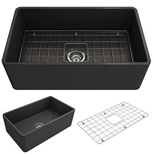 BOCCHI 1138 020 0120 Classico Apron Front Fireclay 30 In Single Bowl Kitchen Sink With Protective Bottom Grid And Strainer In Anthracite Dark Gray 0