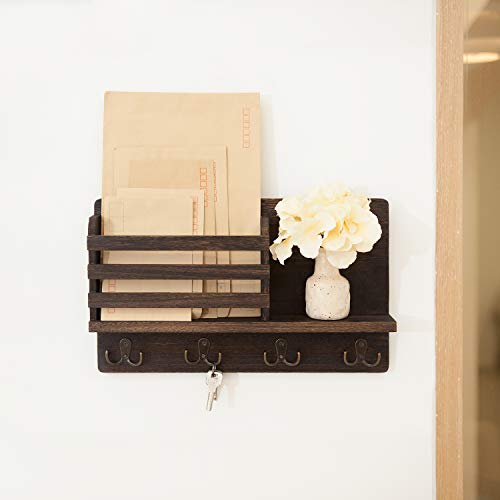 Brown Wooden Wall Mounted Mail Organizer Entryway Rack Key & Letter Holder 