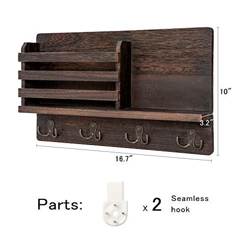 Decorative Wooden Mail Organizer with 5 Key Holder and Mail Shelf Wall Mounted 