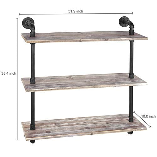 MyGift 3 Tier Rustic Wood Wall Mounted Floating Display Shelf With Black Industrial Style Pipe Brown 0 0