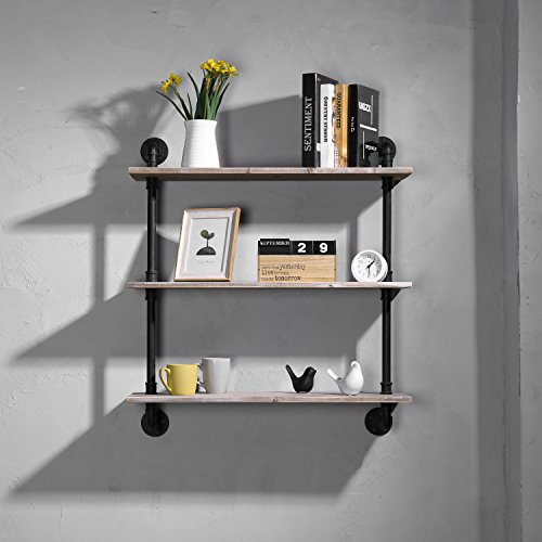 MyGift 3 Tier Rustic Wood Wall Mounted Floating Display Shelf With Black Industrial Style Pipe Brown 0 2