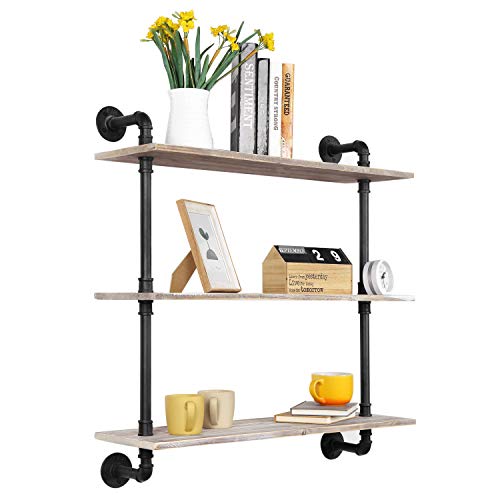 MyGift 3 Tier Rustic Wood Wall Mounted Floating Display Shelf With Black Industrial Style Pipe Brown 0