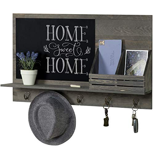 Mygift Rustic Grey Wood Wall Mounted Mail Sorter Rack With 5 Key Hooks And Black Chalkboard Farmhouse Goals - Wooden Wall Mounted Mail Organizer