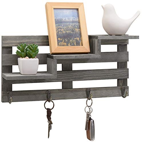 MyGift Vintage Gray Wood Wall Mounted 3 Tiered Stair Display Shelf With 4 Key Hooks 0