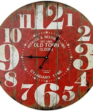 Round Red Decorative Wall Clock With Big Numbers And Distressed Old Town Face 23 X 23 Inches Quartz Movement 0 300x360