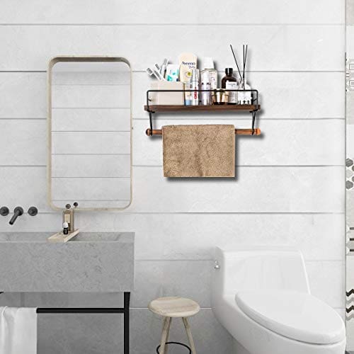 Rustic Wood Shelf for Bathroom Kitchen BAYKA Floating Shelf Wall Mounted Decor Storage Shelf with 8 Removable Hooks and Towel Bar