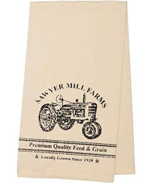 VHC Brands Farmhouse Housewarming Tabletop Sawyer Mill Tractor Fabric Loop Cotton Stenciled Muslin GraphicPrint Kitchen Towel Antique Creme White 0 300x360