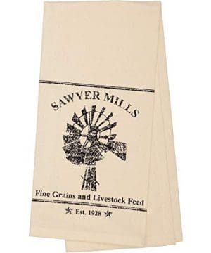 VHC Brands Farmhouse Housewarming Tabletop Sawyer Mill Windmill Fabric Loop Cotton Stenciled Muslin GraphicPrint Kitchen Towel Antique Creme White 0 300x360