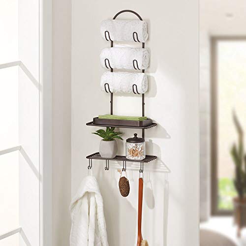 MDesign Metal Wire Farmhouse Wall Decor Storage Organizer With 2 Shelves And 10 Hooks For Bathroom Organization To Hold Face And Hand Towels Tissue Soap Lotion Robes Wall Mount Bronze 0 0