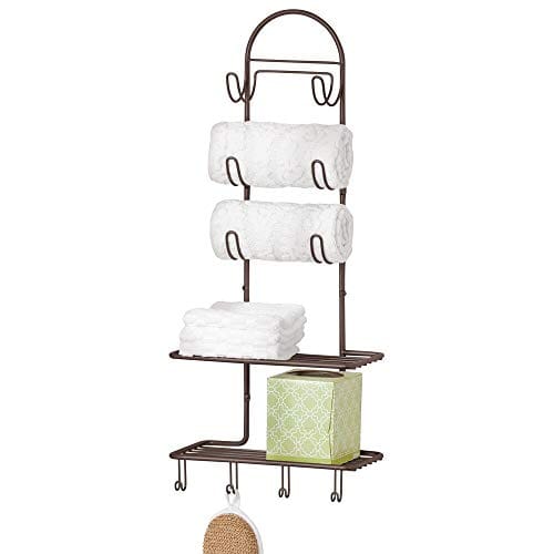 MDesign Metal Wire Farmhouse Wall Decor Storage Organizer With 2 Shelves And 10 Hooks For Bathroom Organization To Hold Face And Hand Towels Tissue Soap Lotion Robes Wall Mount Bronze 0