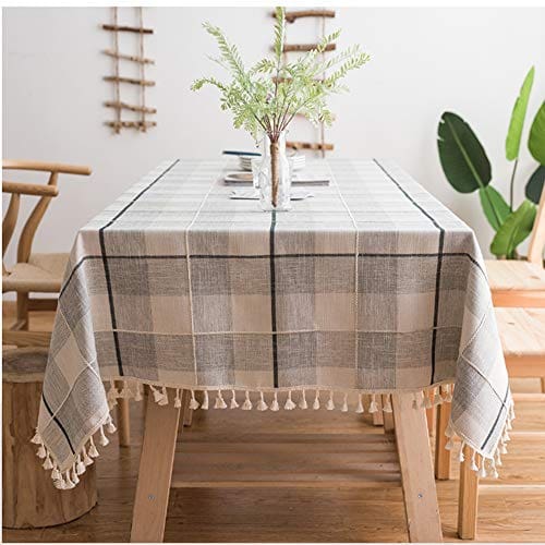 LUCKYHOUSEHOME Yellow and White Checkered Tassel Tablecloth Cotton Linen Rural Square Home Kitchen Dinning Tabletop Table Cover 55 x 55 Inch