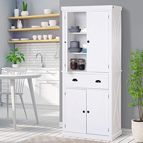 New White Kitchen Pantry Cabinet With Drawers for Simple Design