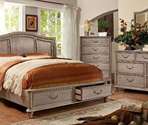 Belgrade Collection Antique Modern Panel Wooden HB Storage FB Platform Eastern King Size Bed Rustic Natural Tone Finish W Matching Dresser Mirror Nightstand 4pc Set 0 300x253