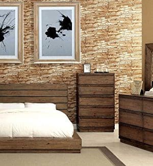 Coimbra Collection Modern Low Profile Bedframe Queen Size Bed Dresser Mirror Nightstand 4pc Set Bedroom Furniture Rustic Natural Tone Finish Solid Wood 0 300x326