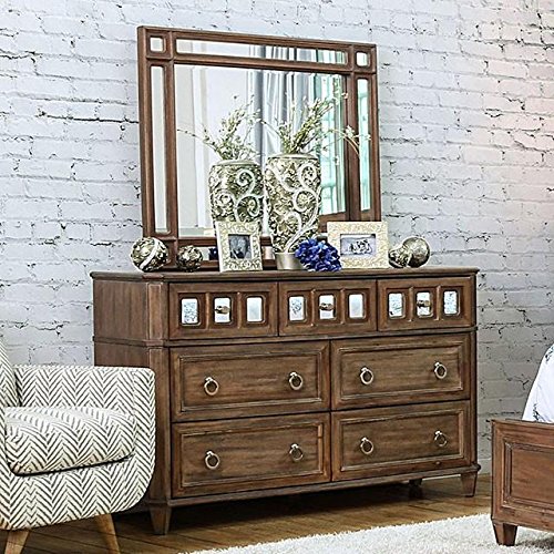 Esofastore New Casual Rustic Oak Bedroom Furniture 4pc Set California King Size Bed W Accent Mirrored Hb Panel Dresser Farmhouse Goals